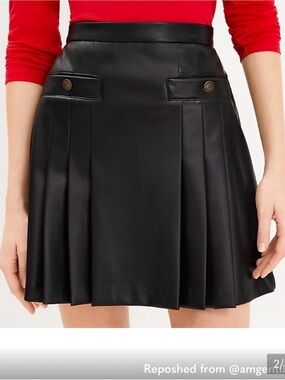 LOFT Black Faux Leather Pleated Skater Mini Skirt